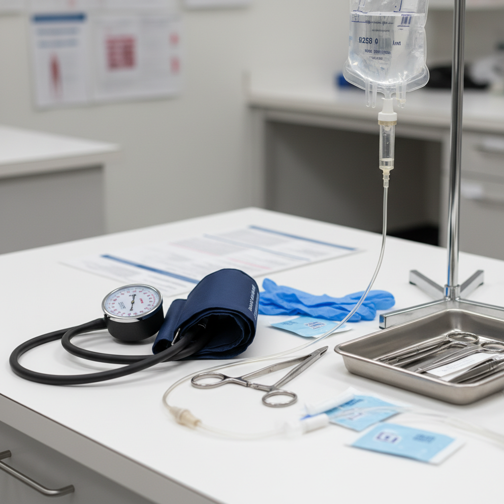 Nursing simulation lab equipment — blood pressure cuff, IV bag, and medical instruments on a clean surface