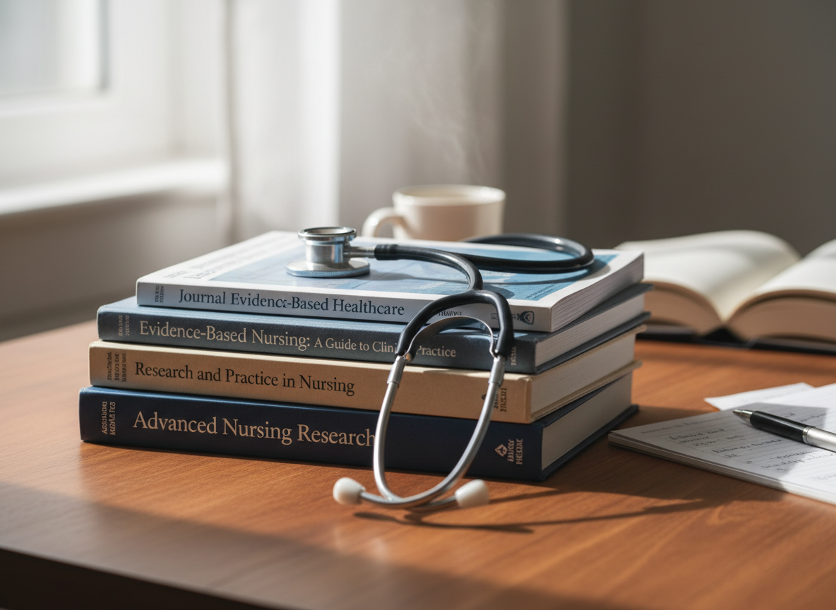 Stack of evidence-based practice nursing textbooks and a journal with a stethoscope draped over them