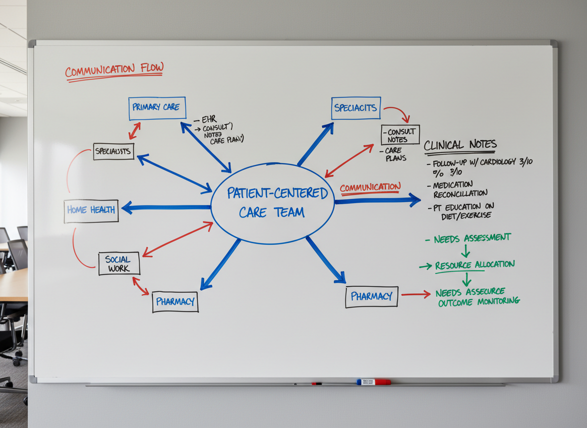 Whiteboard with a care coordination diagram, arrows, and clinical notes written in marker